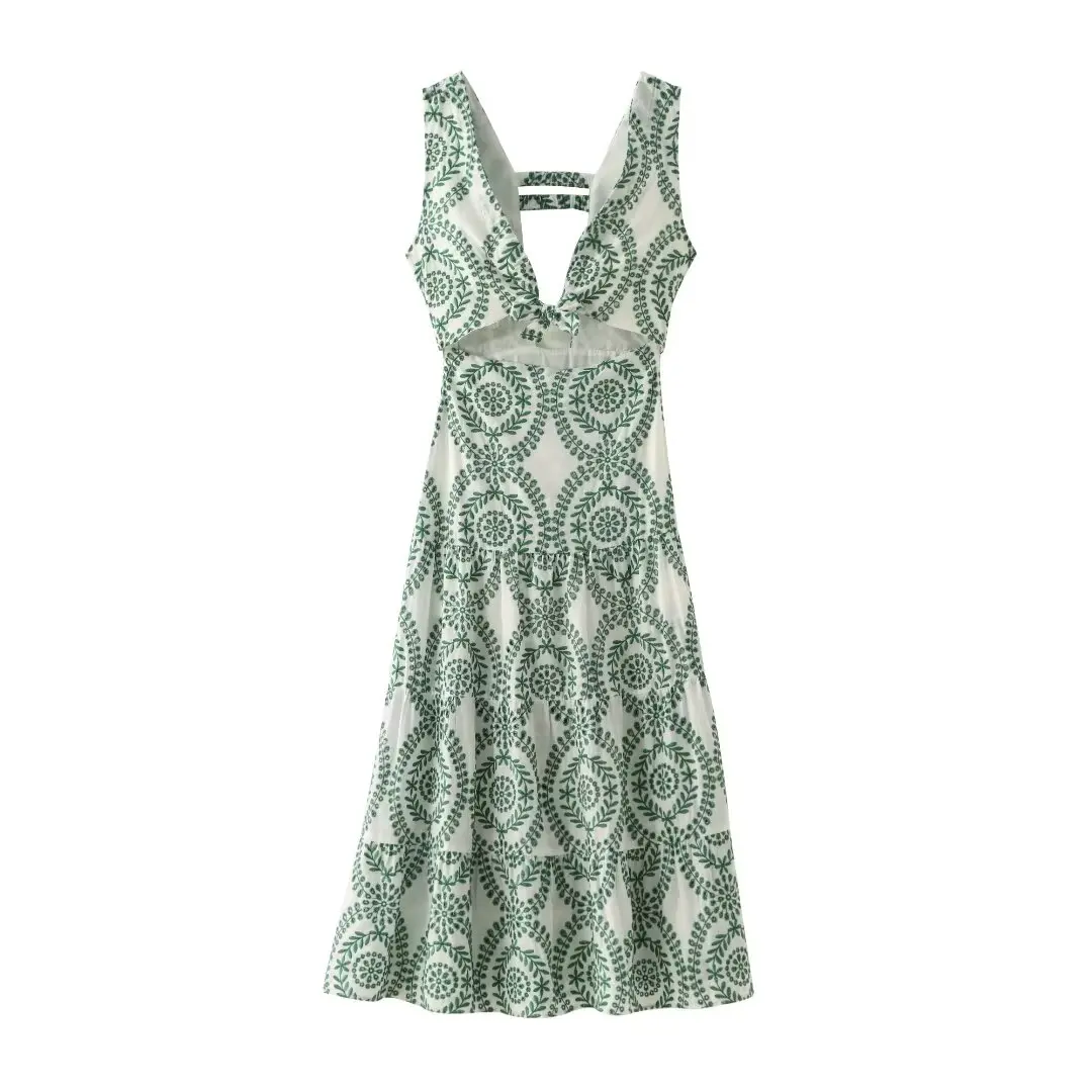 Tangada 2024 Summer Women Green Embroidery Cotton Dress Sleeveless Female Backless Beach Dress 3H0373