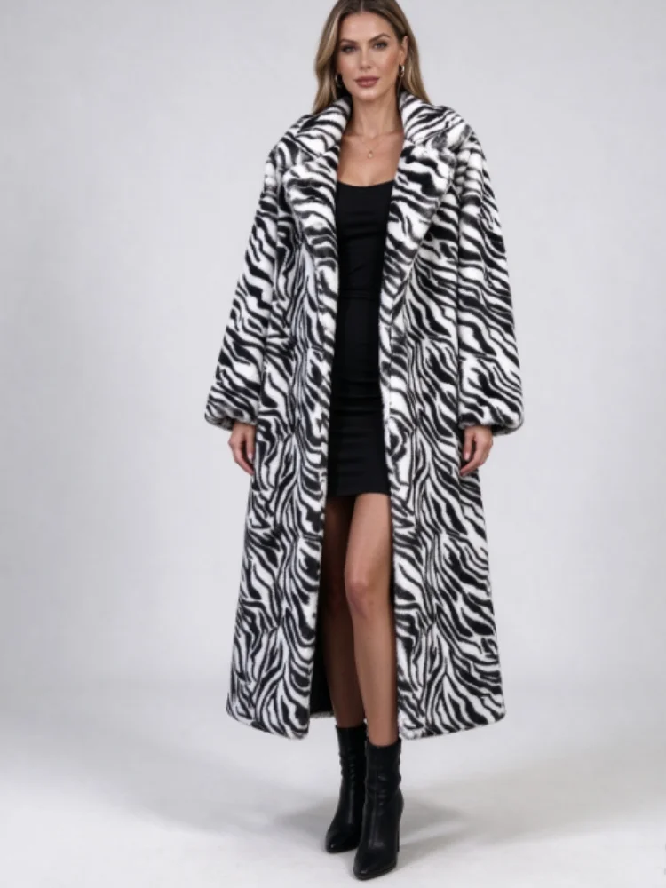 Women Zebra Print Faux Fur Long Coat, Lapel Collar Overcoat, Loose Warm Outerwear