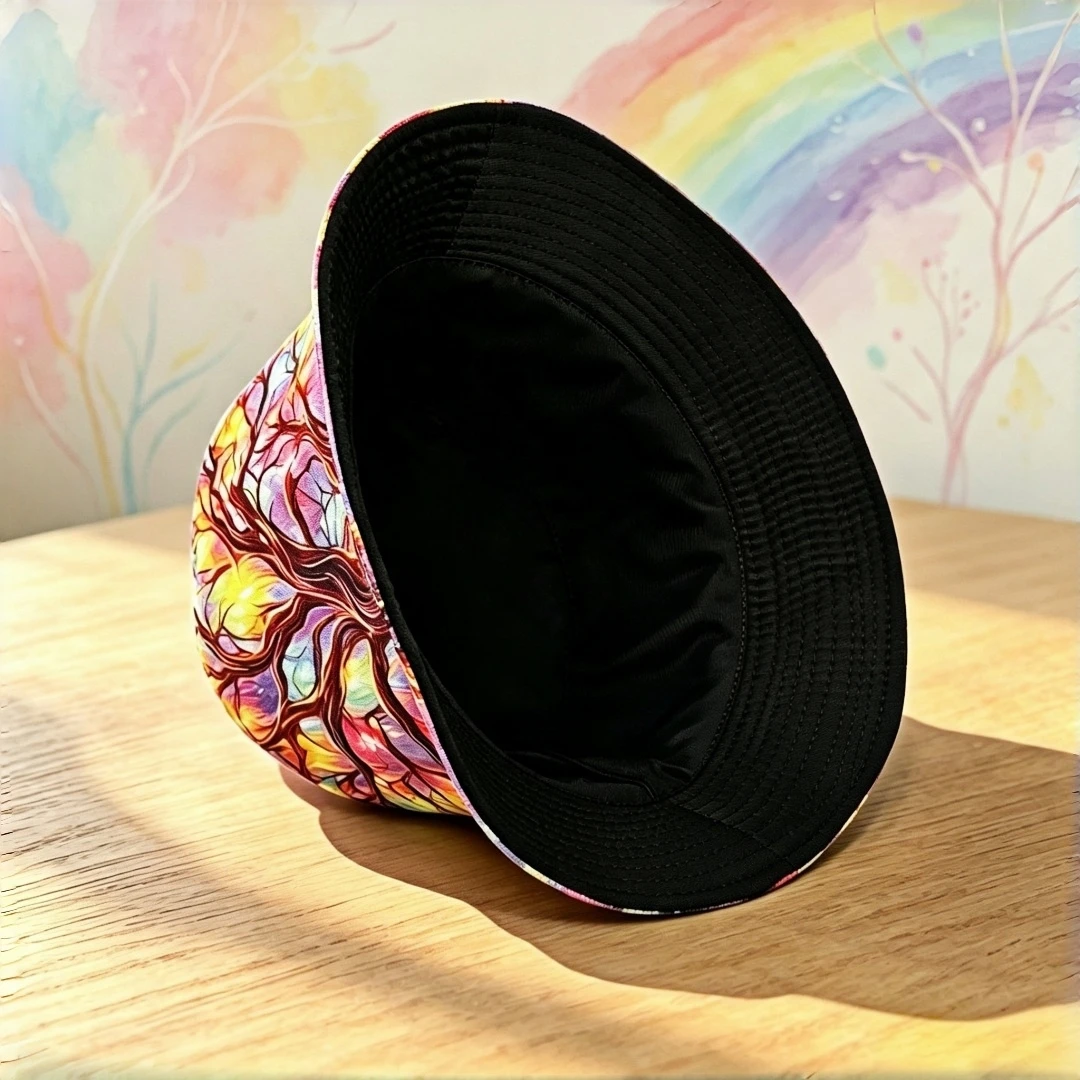1. A colorful tree-patterned artist's fishing hat, made of breathable and soft fabric, with an eye-catching artistic texture. Su
