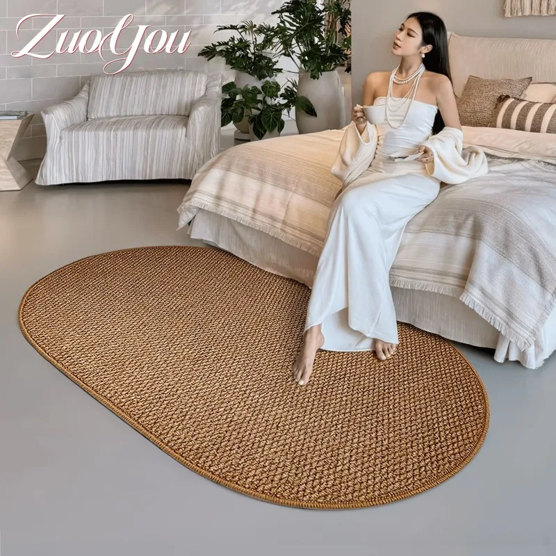 Kunstseil-Teppich Ovaler Gewebter Textur-Teppich Minimalistischer Einfarbiger Teppich für Wohnzimmer Schlafzimmer Bettseite Boho Wohndekor Rutschfeste Bodenmatte