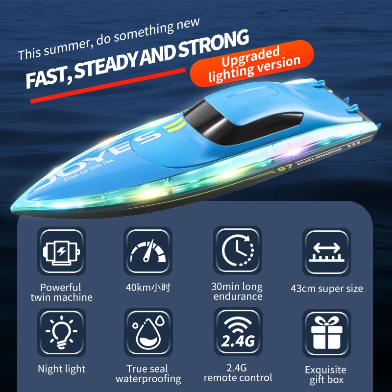 New S7 Remote Control Boat Electric Toy 2.4G Remote Control Boat Double Spiral Pulp High-Speed Water Speedboat Children Toys