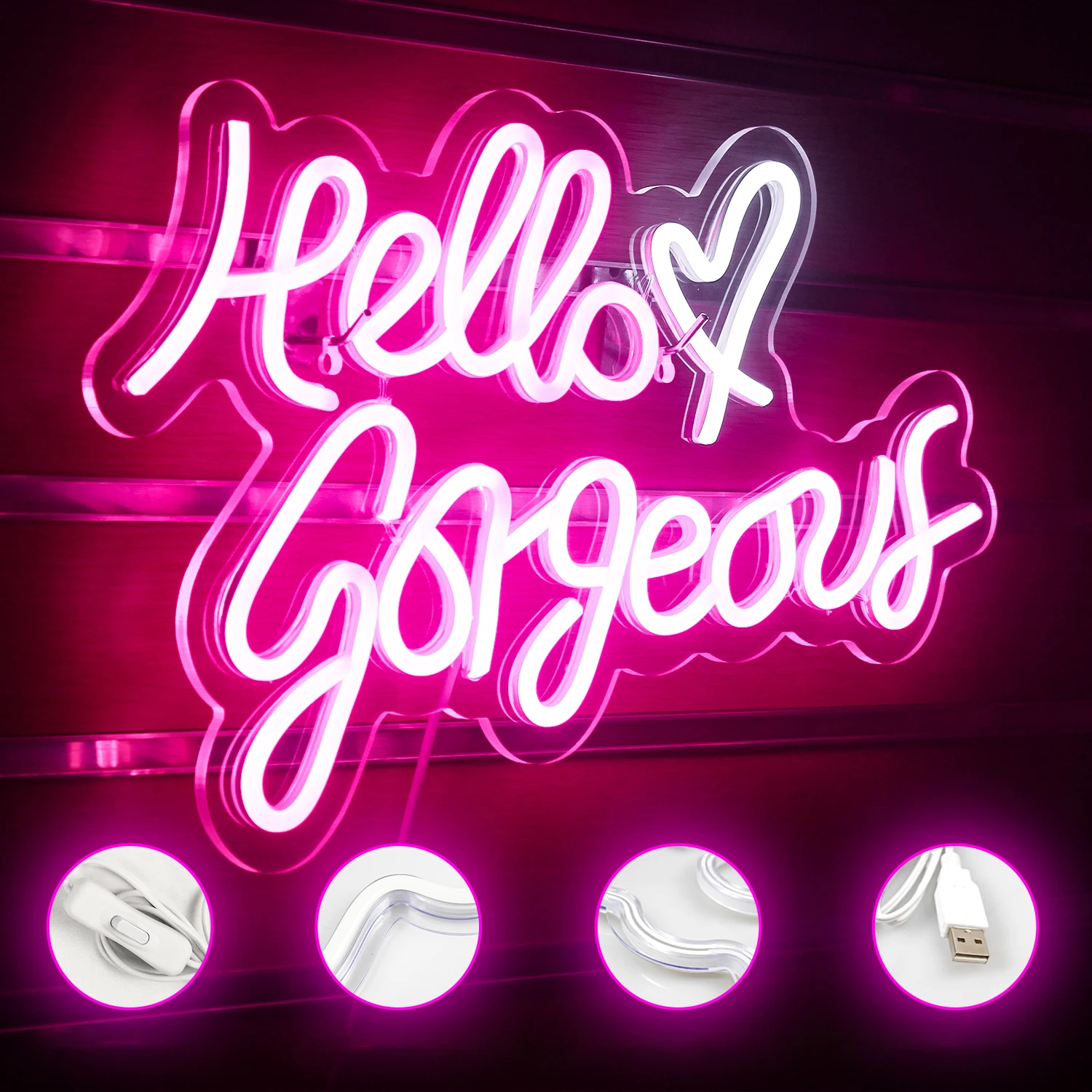 Hello Gorgeous Neon Sign LED Light-Up Sign for Family Wedding Birthday LED Neon Sign Dimmable Switch Engagement Wall Room Decor