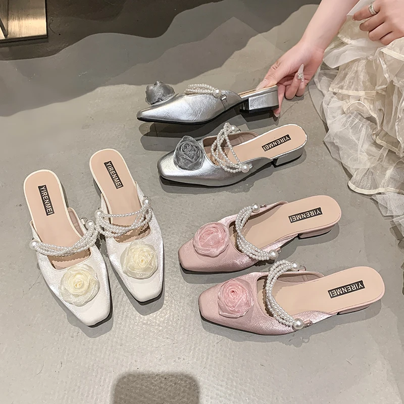 

Women's Spring/Autumn New High Heel Slippers 2025 Pointing Fashion Flower Beaded Chain Light Mouth Women's Shoes Slippers