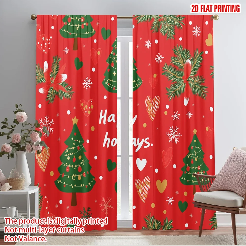 2pcs,2D plane printing Curtains Digital Printed Christmas Tree Merry Holidays (2) Polyester Easy Install (without rod) All