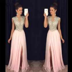 Sexy Backless Long Evening Dresses 2024 A Line Beading Crystal Sleeveless with Slit Chiffon Women Pink Formal Party Prom Gown
