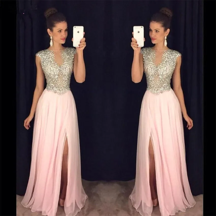 Seksowne długie suknie wieczorowe bez pleców 2024 A Line Beading Crystal Sleeveless with Slit Chiffon Women Pink Formal Party Prom Gown