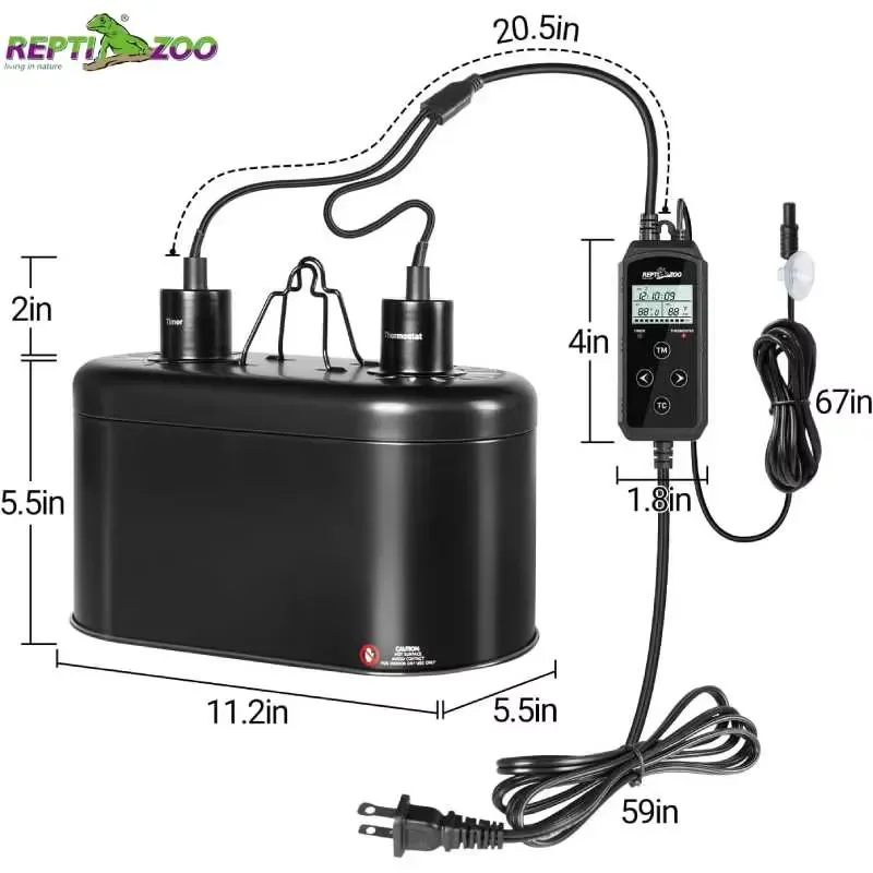 for REPTIZOO OEM Logo Dual Deep Dome Lamp Fixture with PID Dimming Thermostat Timer Aluminium Black for Reptiles Lizards 150W