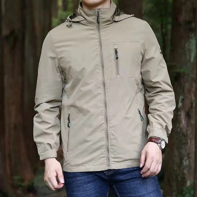 Spring Autumn Casual Coat Men Large Size Hooded Work Waterproof Jacket Outdoor Casual Travel Multi Pocket Windbreaker Jacket