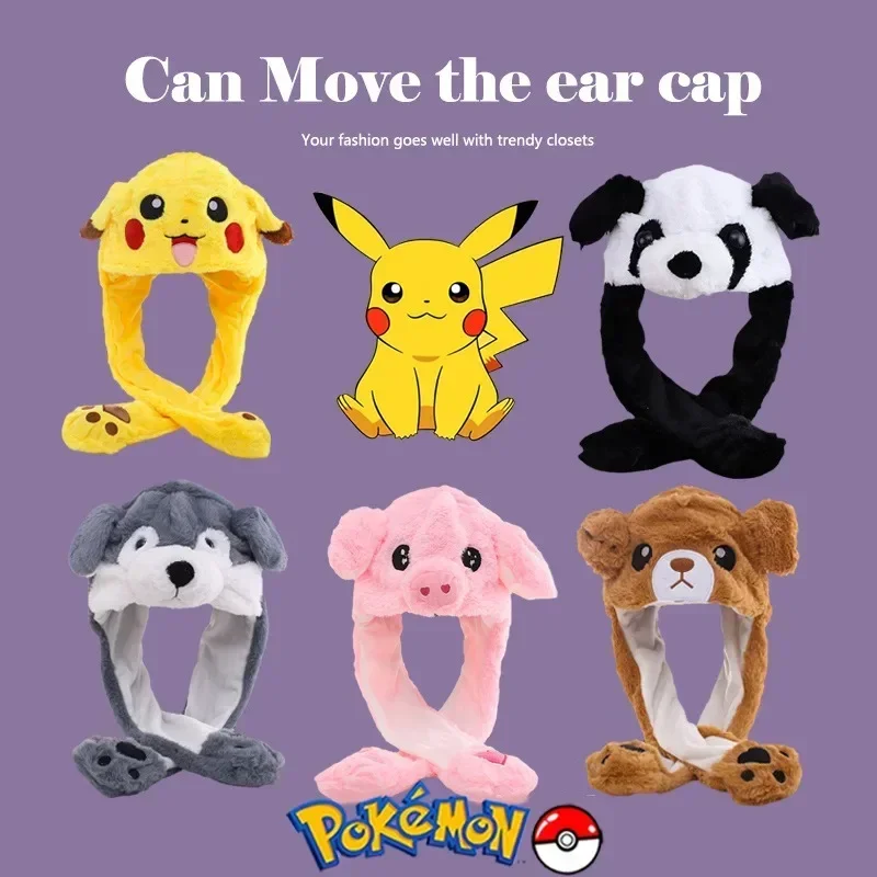 Kawaii Pokemon Pikachu Plush Moving Rabbit Ears Hat Cute Bunny Ears Hat Hand Pinch Cap Cartoon Soft Jumping Up Cap Kids Gifts