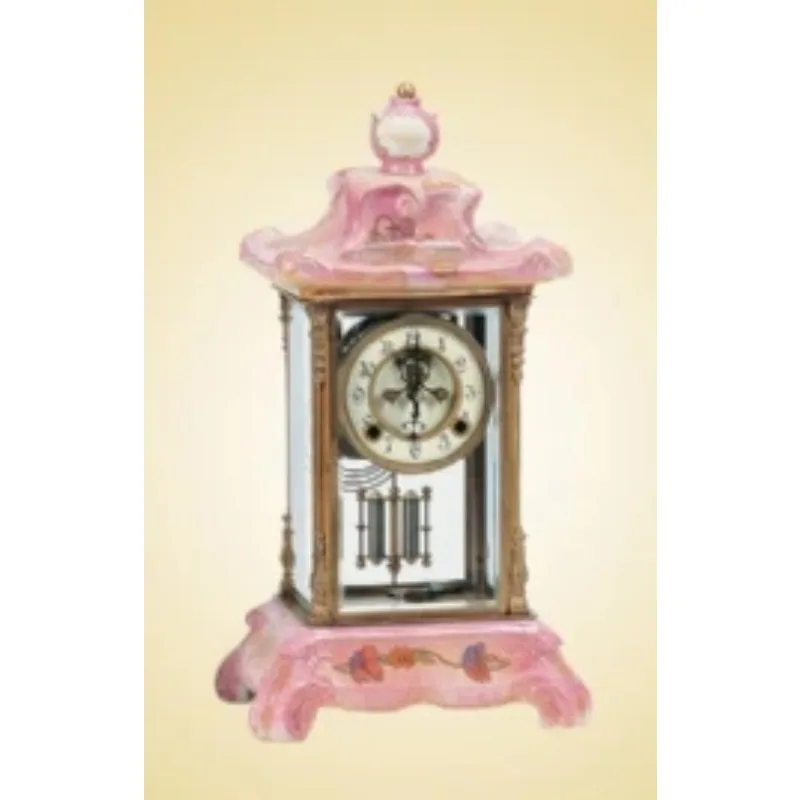 FULL GLASS MANTLE CLOCK WITH PINK PORCELAIN CASE,WITH OPEN ESCAPEMENT AND ARABIC NUMERALS