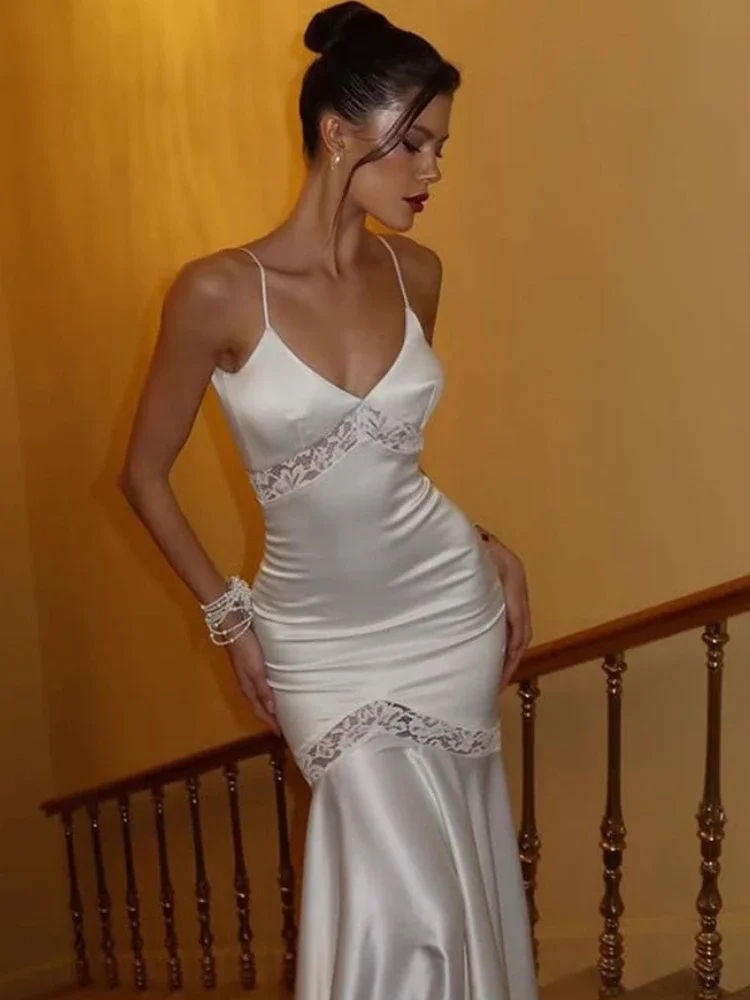 

Elegant V-Neck Suspenders Maxi Dress Lace Patchwork Sleeveless Backless High Waist Dress Evening Female Autumn Maxi Dress