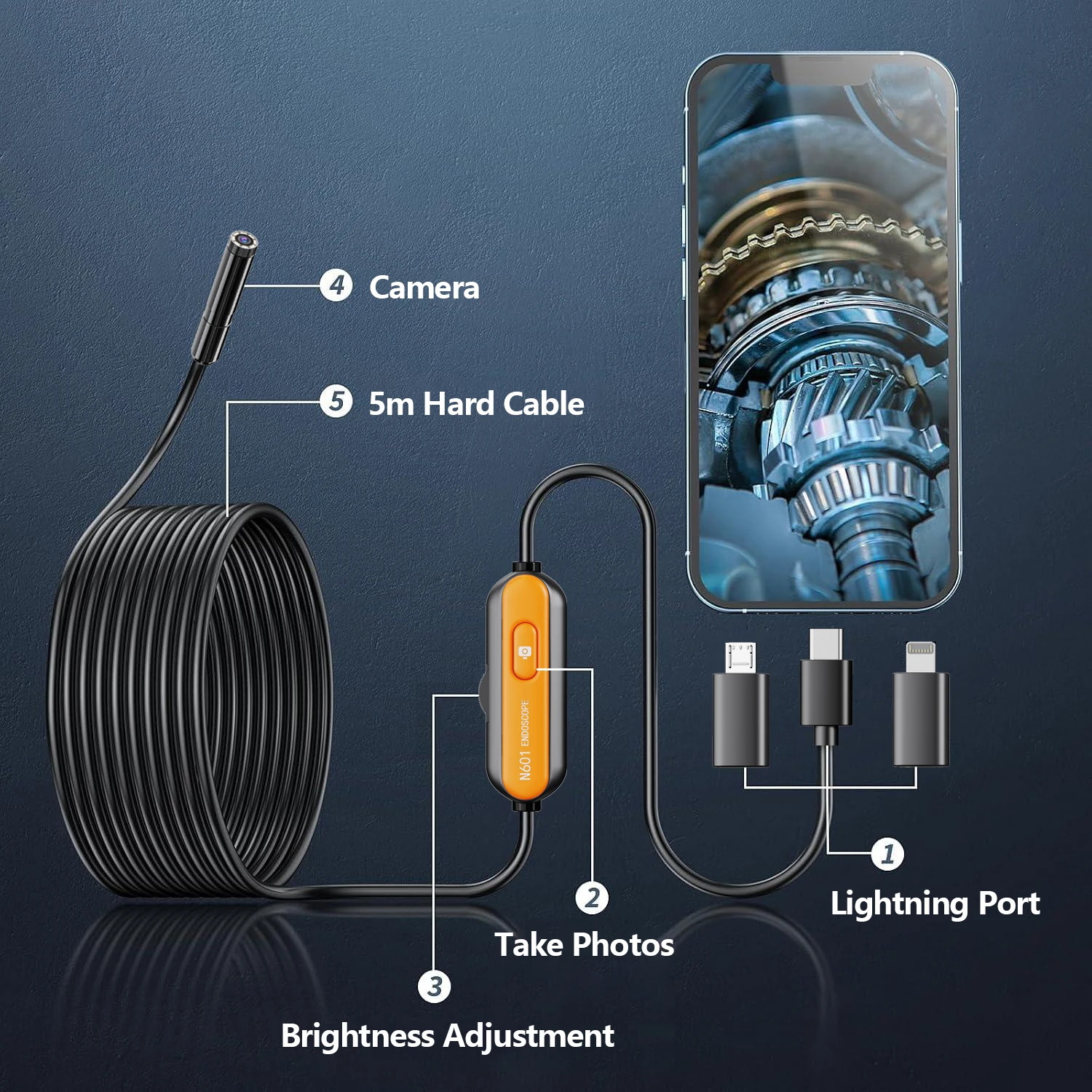 Industrial Endoscope, HD Inspection Camera, IP67 Waterproof Borescope for Car Engine, Air Conditioner, Sewer Drain Pipe Repair
