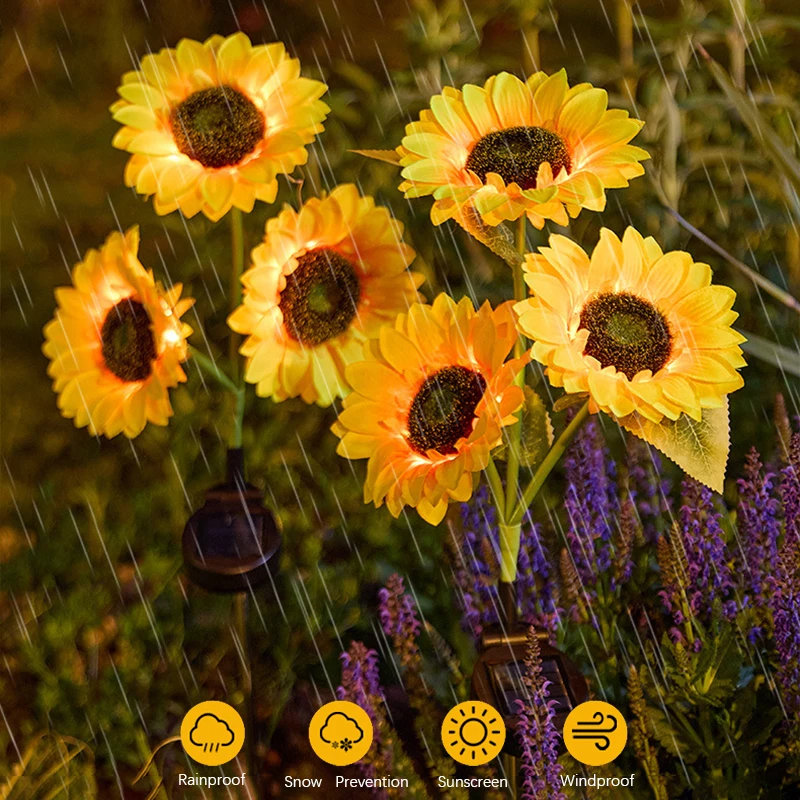 1/3 Head Solar Sunflower Lights Simulated Flower Garden Stake Waterproof Outdoor LED Decor for Yard Lawn Patio view 5