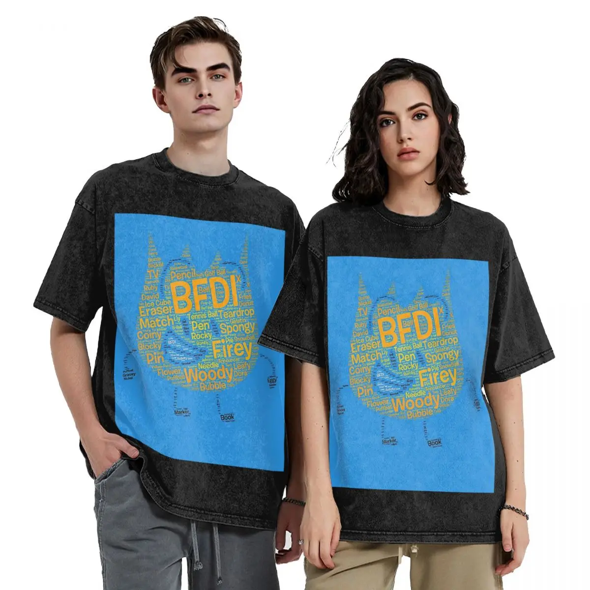 BFDI Word Cloud Firey Shaped Washed T Shirts Casual Short Sleeve Hip Hop T-Shirt Streetwear Tops Tees for Men Women