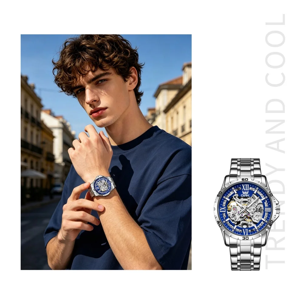 OPK 6100 Luxury Automatic Mechanical Men's Wristwatch Luminous Stainless Steel Original Hollowed Watches for Man