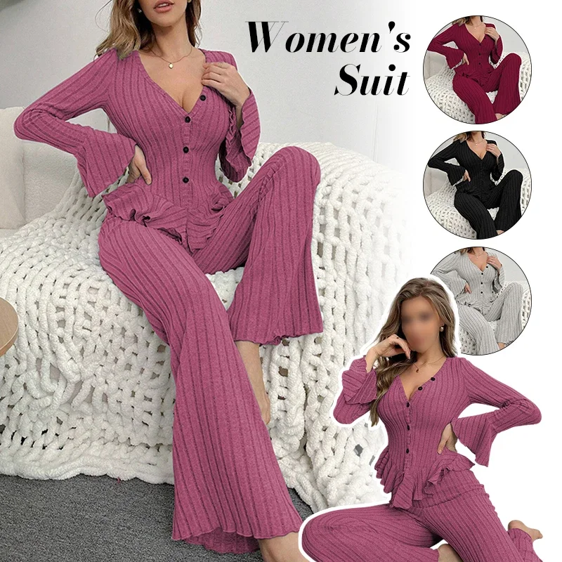 1Set Winter Home Wear Nightwear Femme Trousers V-neck Top Sets Long Sleeve Pajamas for Heat Sleepwear Woman Women's