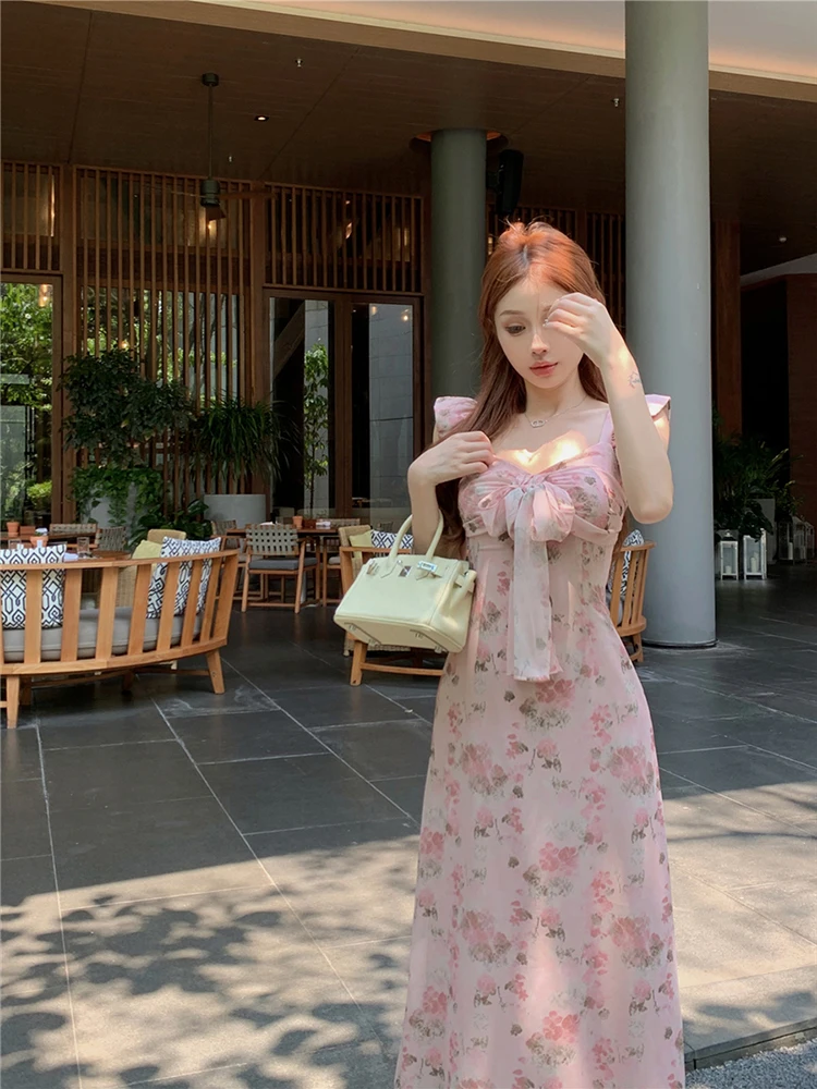 Bowtie floral V-neck flying sleeve dress for women summer pink gentle long dress slim waist A-line Dress 2024 New