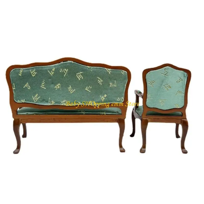 

23GD антикварный деревянный кукольный домик, модель дивана с мягкой зеленой обивкой, набор из 3 предметов для масштаба 1/12, для