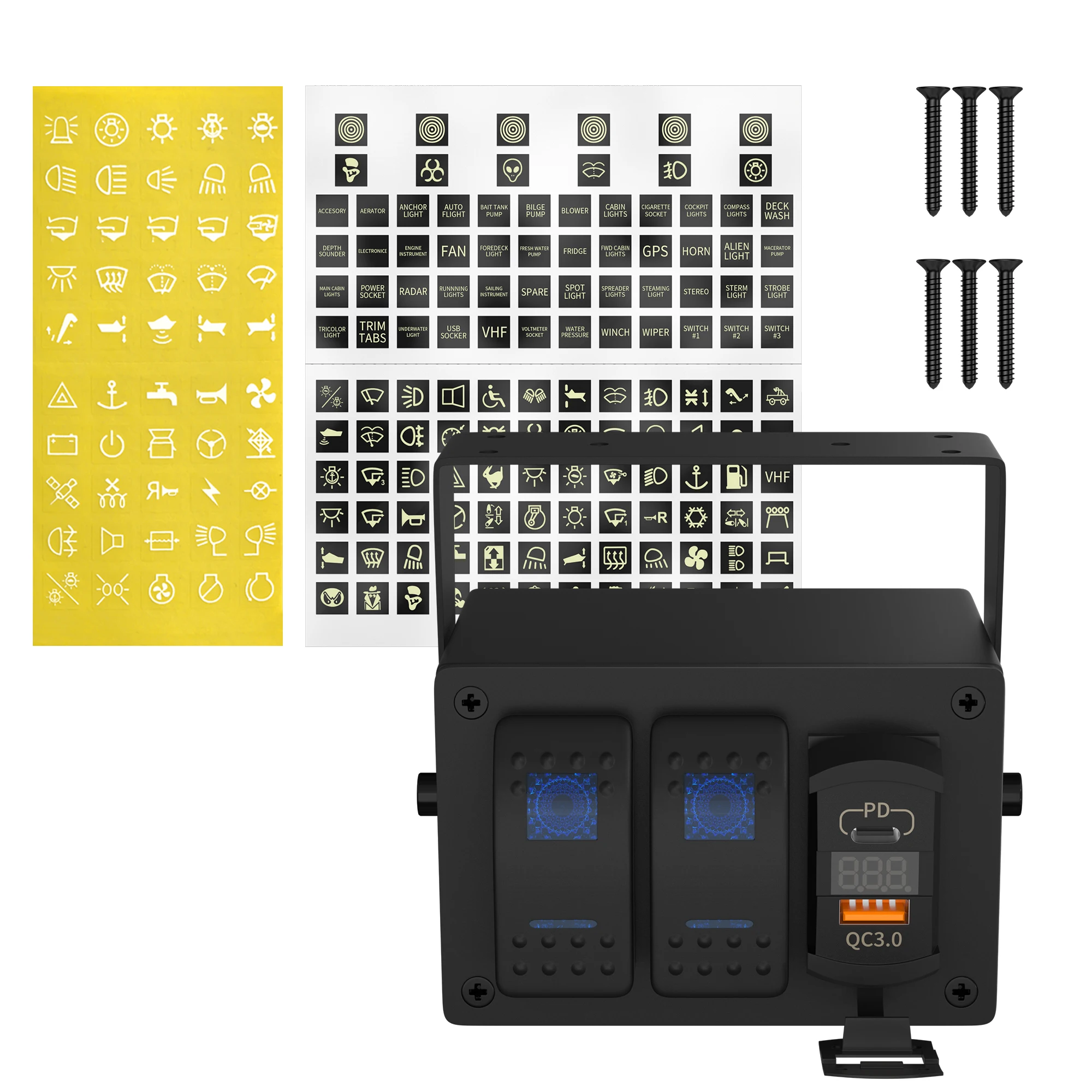 DaierTek 3 Gang Rocker Switch Box 12V SPST ON Off Waterproof Switch PD Type C and QC 3.0 USB Charger Voltmeter DIY Stickers