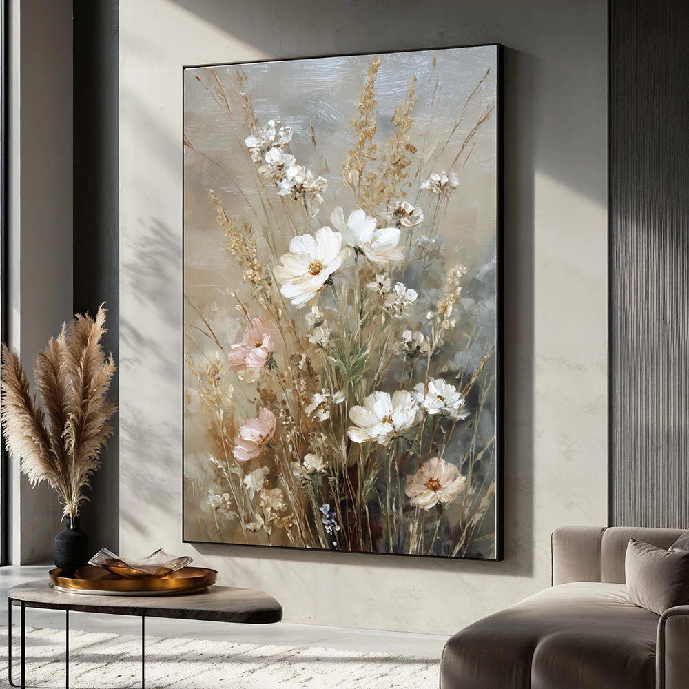Soft neutral wildflower canvas wall art, cream and blush floral painting, rustic botanical decor, print poster, art gift, no fra
