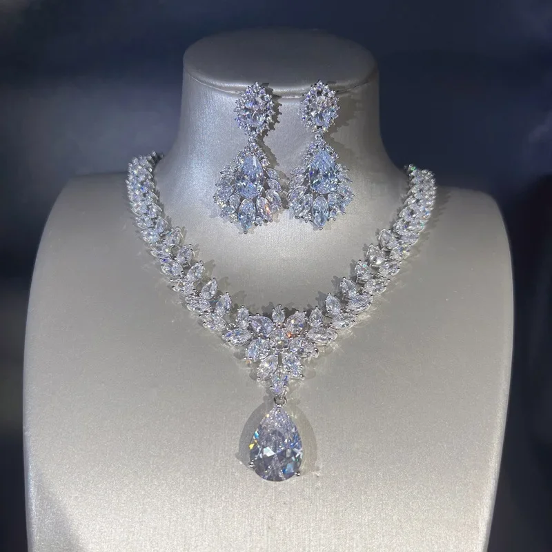 Valuable Lab Diamond Jewelry set 925 Sterling Silver Wedding Necklace Earrings For Women Bridal Engagement Jewelry Gift