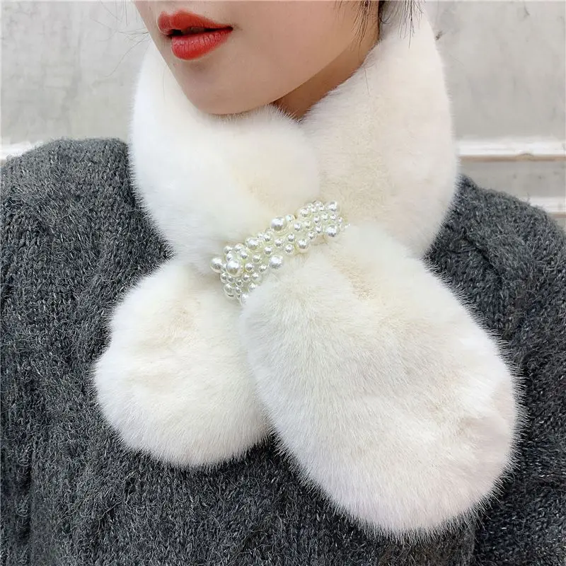 

Women Winter Warm Scarfs Solid Color Pearl Faux Rabbit Fur Plush Cross Collar Scarf Shawl Elegant Warm Soft Scarf Gifts E1642