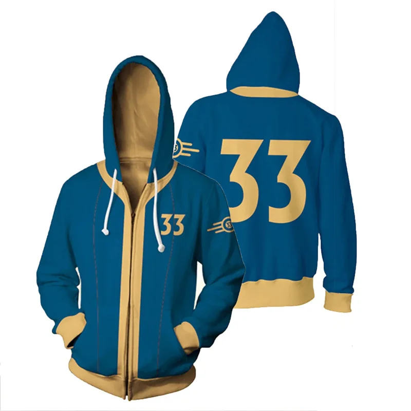 Sudadera con capucha para hombre y mujer, ropa con estampado 3D, sudadera con cremallera, disfraz de Cosplay, mono azul Lucy, uniforme Unisex, Vault 33, novedad