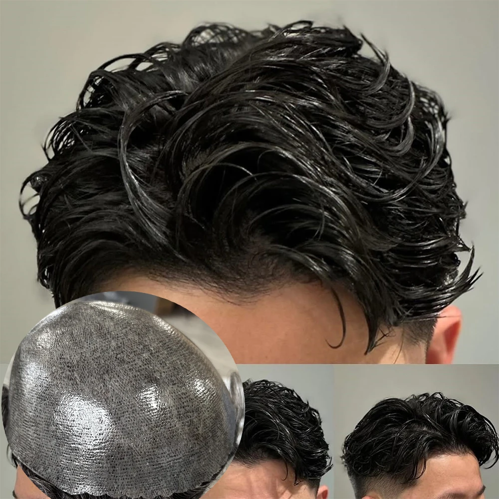 Undetectable Super Durable 0.1mm Injection PU Base 100% Human Hair Toupee for Men Natural Hairline Brown Black Grey Man Hairpiec