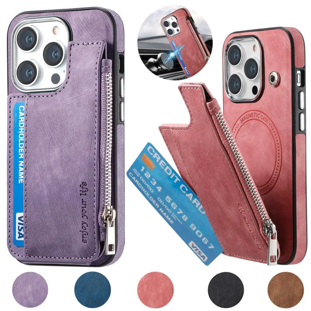 

Wireless Charging Magnetic Zipper Wallet Leather Case For iPhone 14 Pro Max 13 12 For Magnetic Card Solt Coin Purse Bag Cover