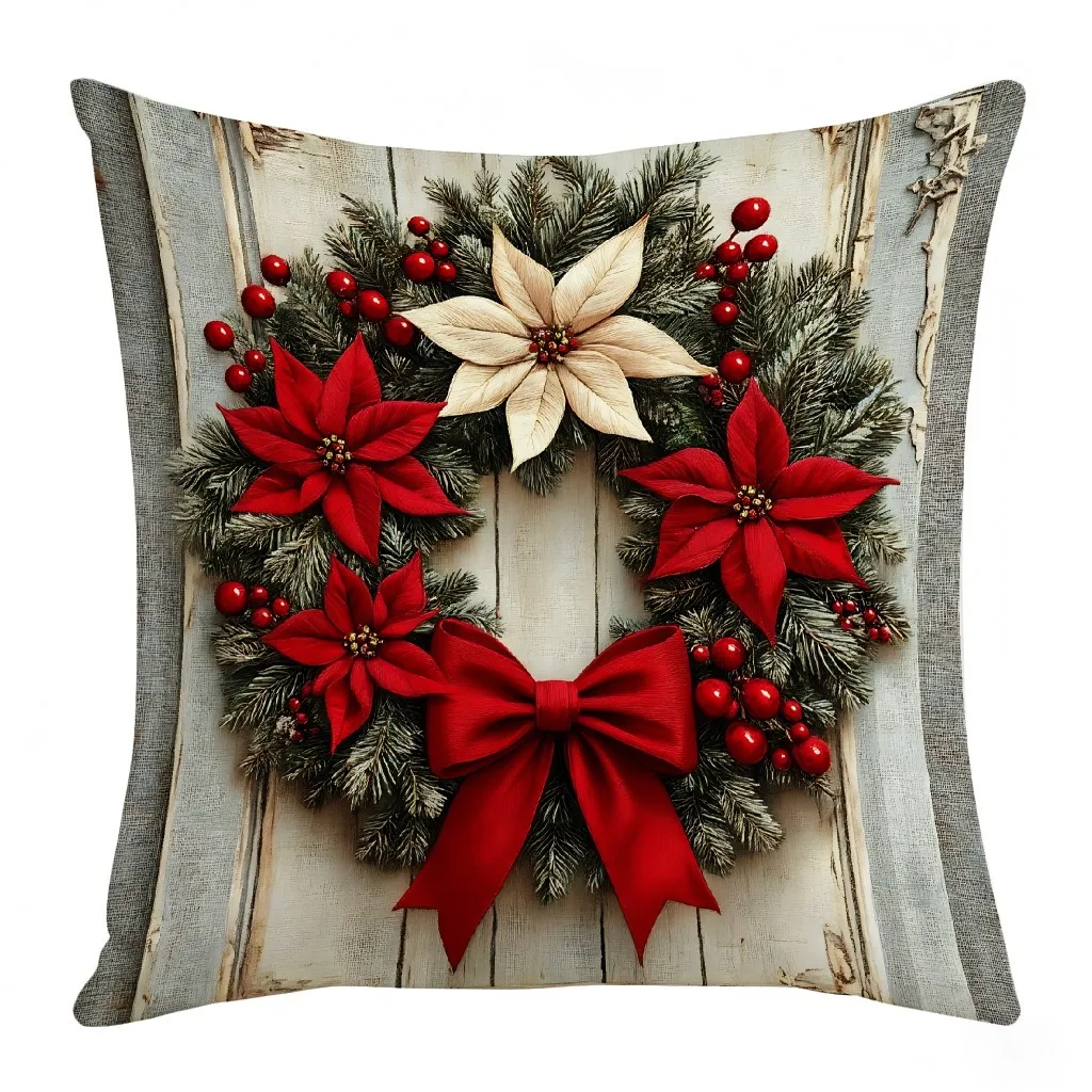 

45cm Christmas Wreath Pillowcase Santa Claus Xmas Bell Linen Pillow Case 2026 Christmas Wreath Sofa Car Ornaments Cushion Cover