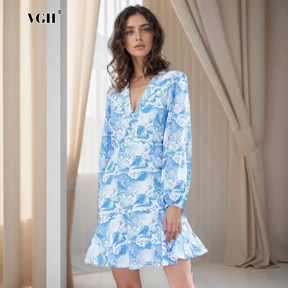 

VGH Hit Color Prinitng Casual Dresses For Women V Neck Long Sleeve High Waist Minimalist Slimming Dress Female Fashion Style New
