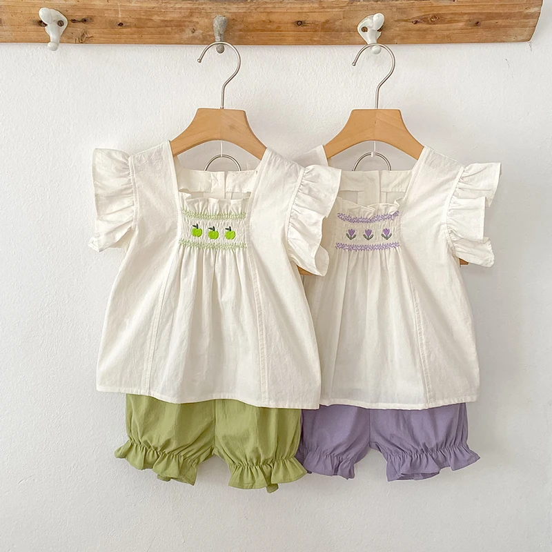 0-3Yrs Sommer Neue Baby Puff Sleeve Set Blume Stickerei Tulpe Infant Mädchen Vintage Shirt + Shorts 2PCS Anzug kleinkind Casual Outfits