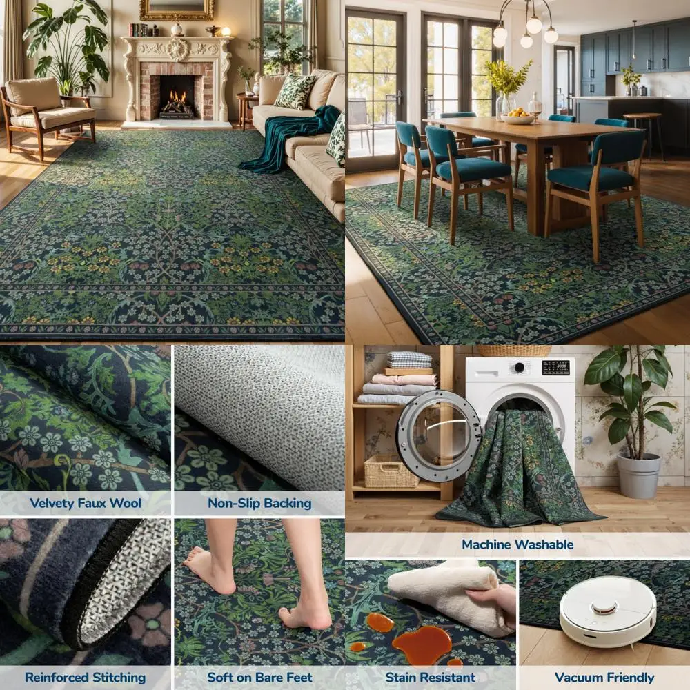 

Floral Washable 9x12 Rug, Bohemian Style Low Pile Carpet for Living Room, Bedroom, Dining Area, and Office