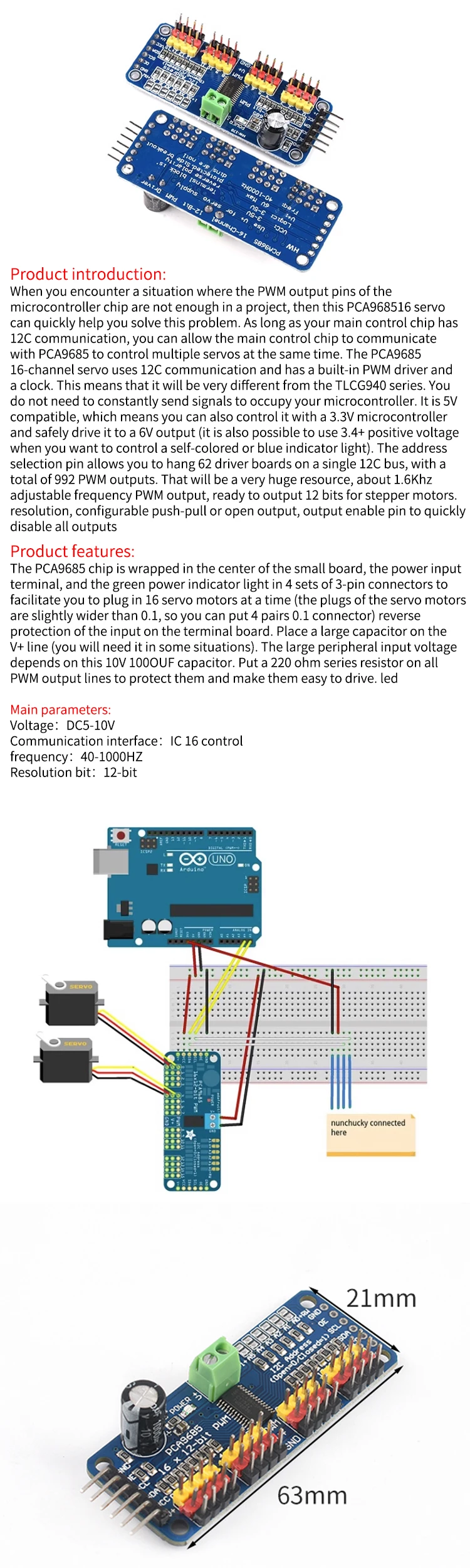 Snvi PCA9685PW 16-Kanal 12-Bit PWM/Servo-Treiber-I2C-Schnittstelle PCA9685 Modul Raspberry Pi Shield Modul Servo Shield – Detail 1