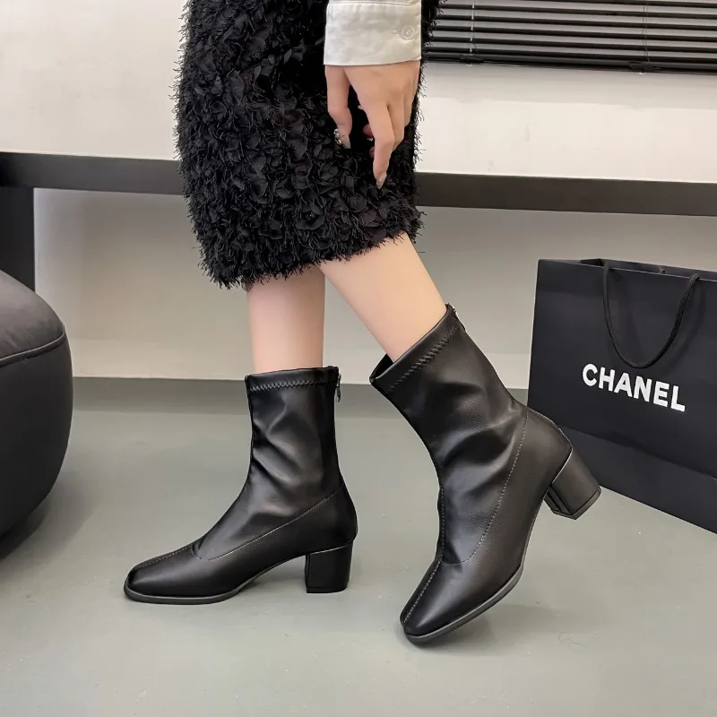 

2024 Ankle Boots For Women Leather Thick High Heels Winter Shoes Woman Retro Elastic Boots Casual Office Ladies