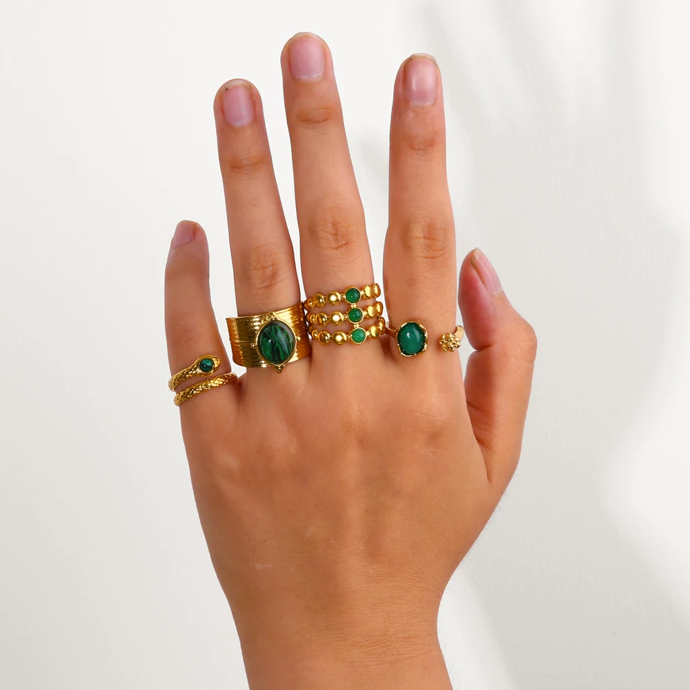 Vintage Naturstein Geometrischer Vergoldeter Edelstahlring Verstellbarer Türkisring Trendiger Modischer Schmuckring für Damen – Detail 2