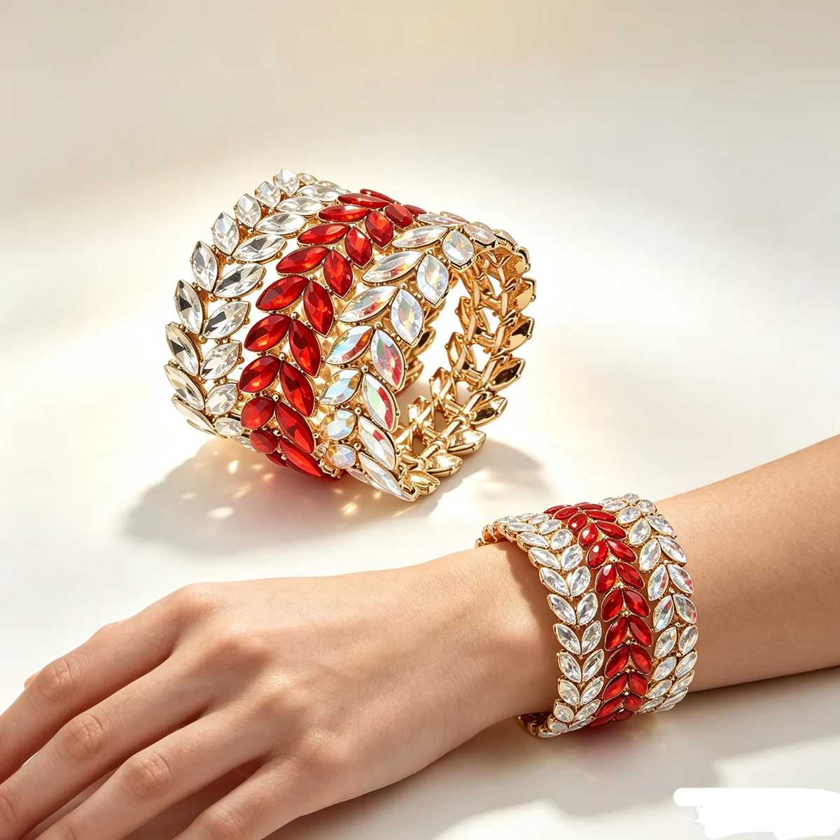 Ladies Luxury Wide Rhinestone Bracelet Geometric Crystal Wedding Party Sequin Jewelry Gold Plated Retractable Woman Bracelet
