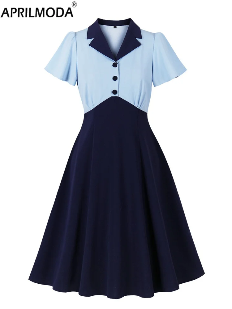 Turn Down Collar Shirt Short Women Vintage Party Evening Dress Patchwork Solid Button A Line Casual Preppy Style Flare Tea Dress