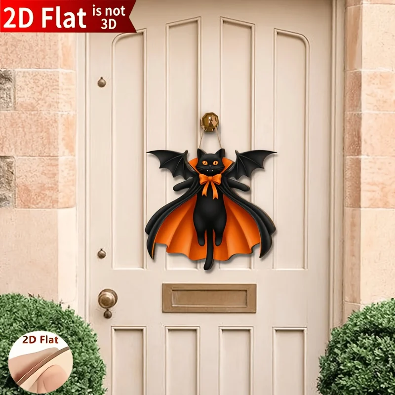 2/1 piece set, thickened 2D flat Halloween black cat vampire bat wooden door sign pendant, Halloween black cat front door decoration, gothic wall decoration, Halloween and Christmas gift