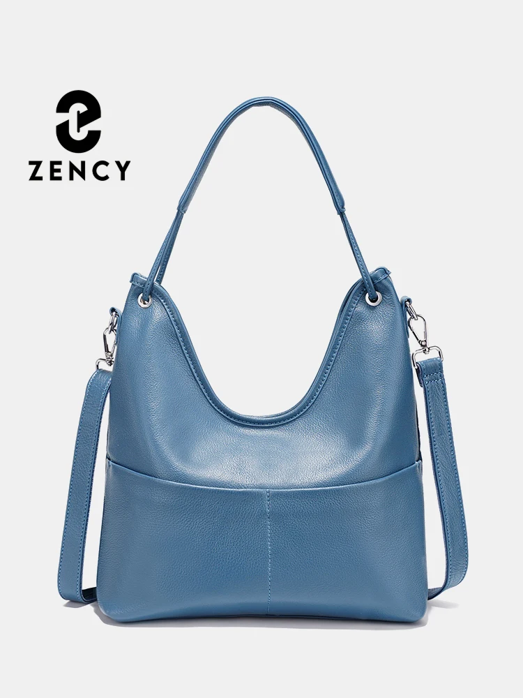 

Zency Gentle Blue Genuine Leather Women's Handbag Luxury Hobo Bag Large Capacity Fashion Shoulder Bag Big Tote Bag for Wife Mom