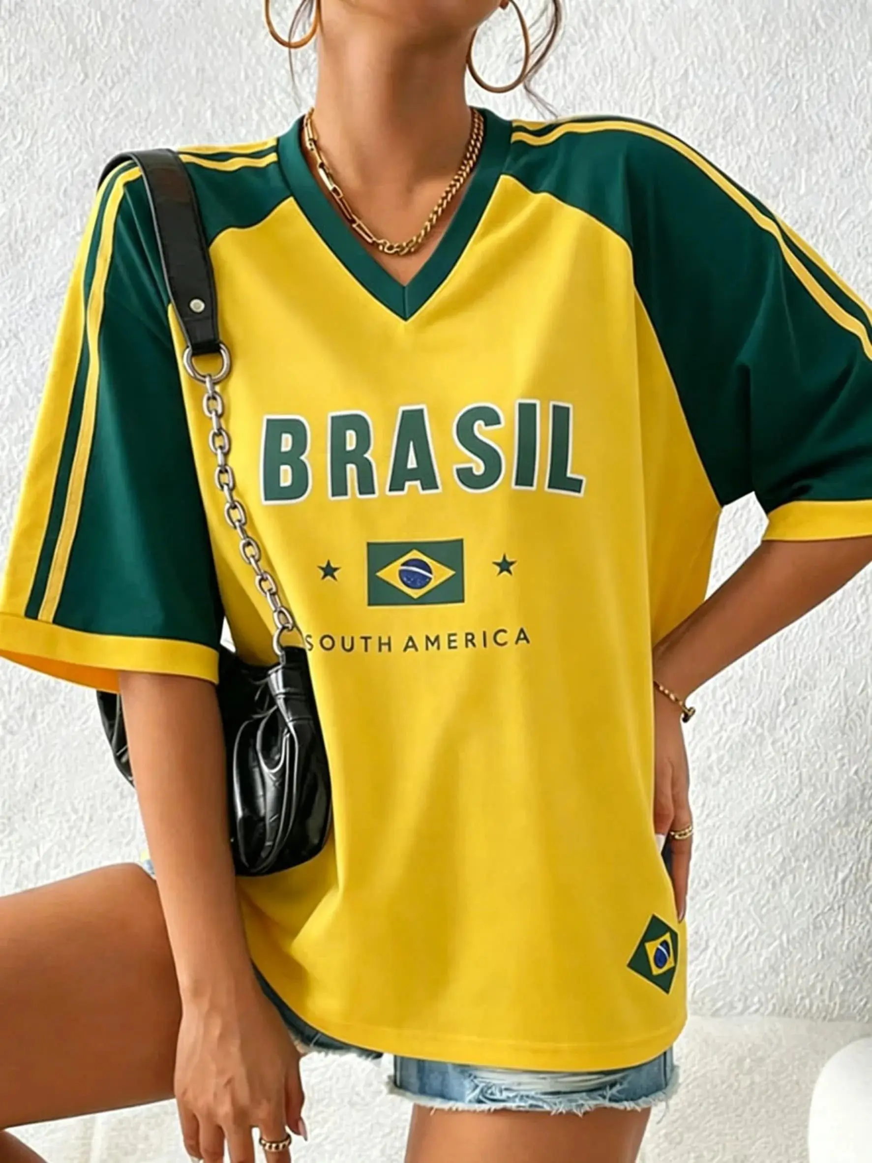 Summer New Vintage Brazil Print Women V-Neck T Shirt Patchwork Short Sleeve Sports Tees Football Jersey Y2K Loose Oversized Tops