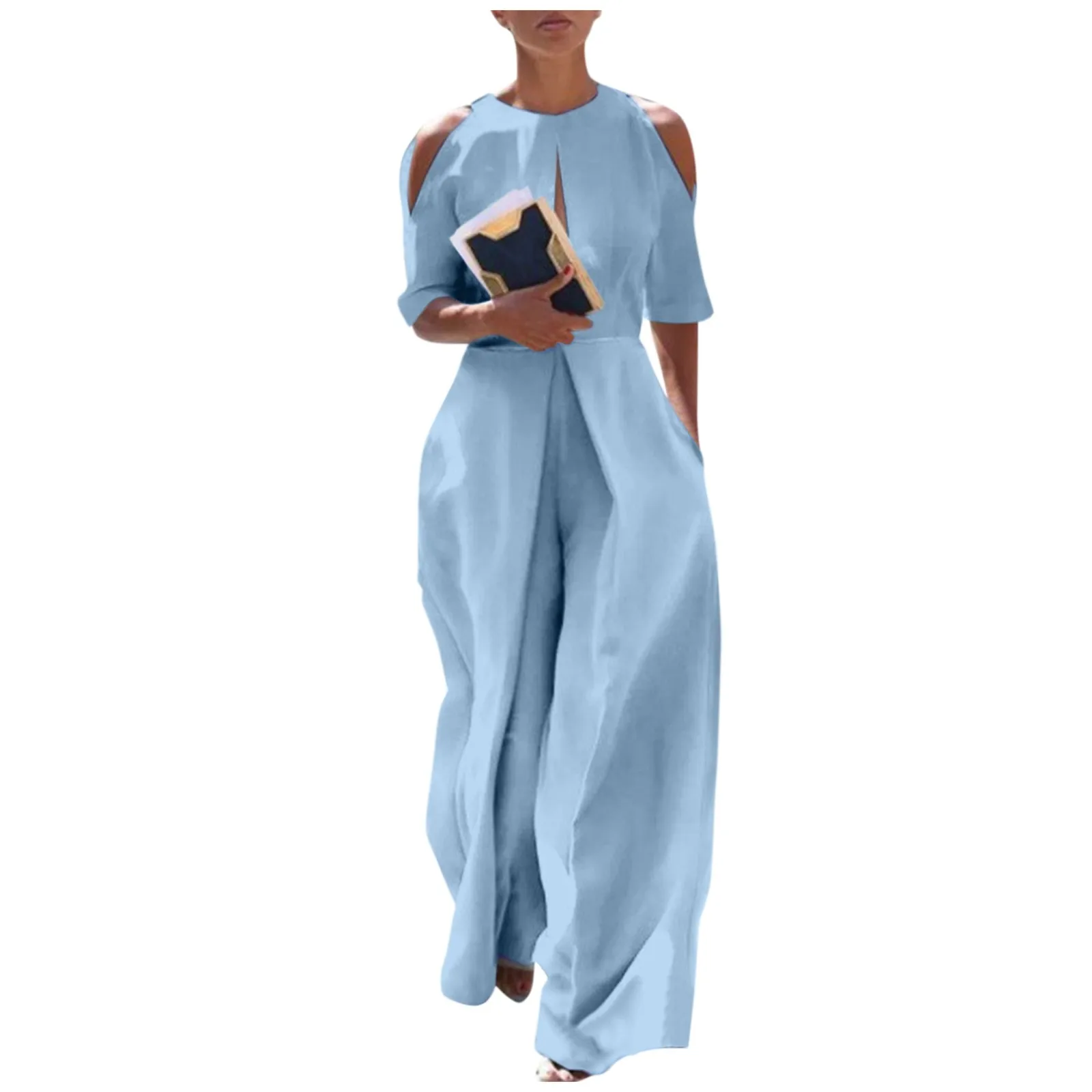 بذلات نسائية أنيقة برقبة مستديرة وأكمام قصيرة مجوفة بدون حمالة ، أزياء كاجوال فضفاضة ، مأدبة براقة