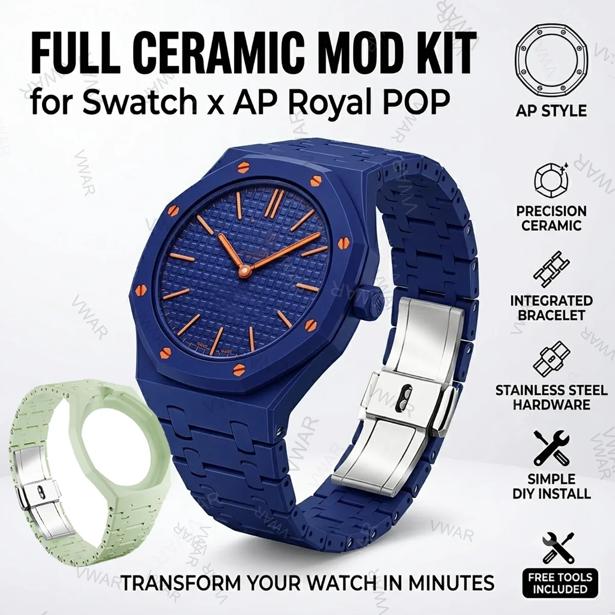 VWAR Keramik-Uhrengehäuse- und Armband-Modifikationsset für Swatch x AP Royal POP Biomaterials Watch, langlebiges Ersatz-Upgrade-Kit