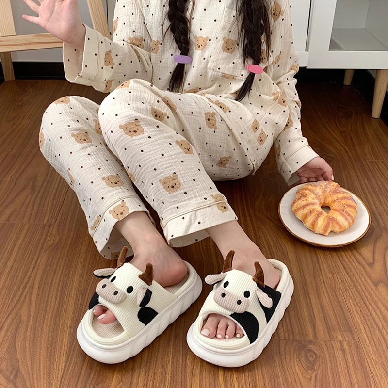 Cute Cartoon Calf Linen Slippers 2022 New Women Home Slippers Household Cotton Non Slip Thick Mute Shoes Couple Indoor Slippers