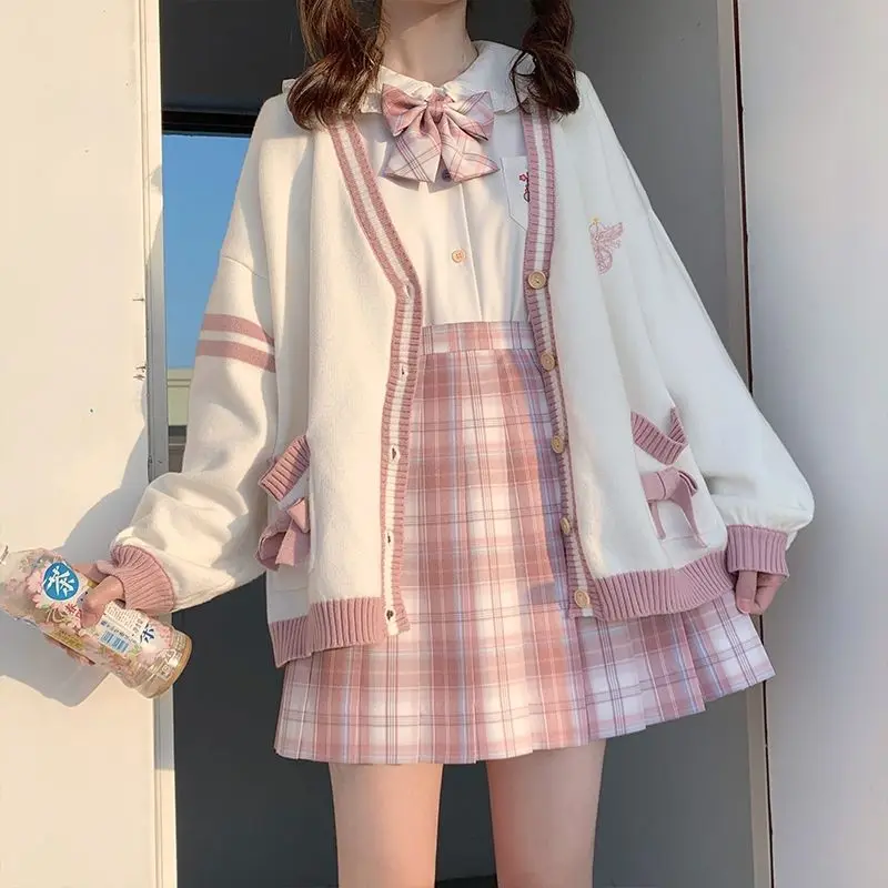 Winter Japanse Kawaii Mode Roze Vest Vrouwen Harajuku Gebreide Trui Schattige Strik Hart Koreaanse College Stijl Jk Uniform Jas