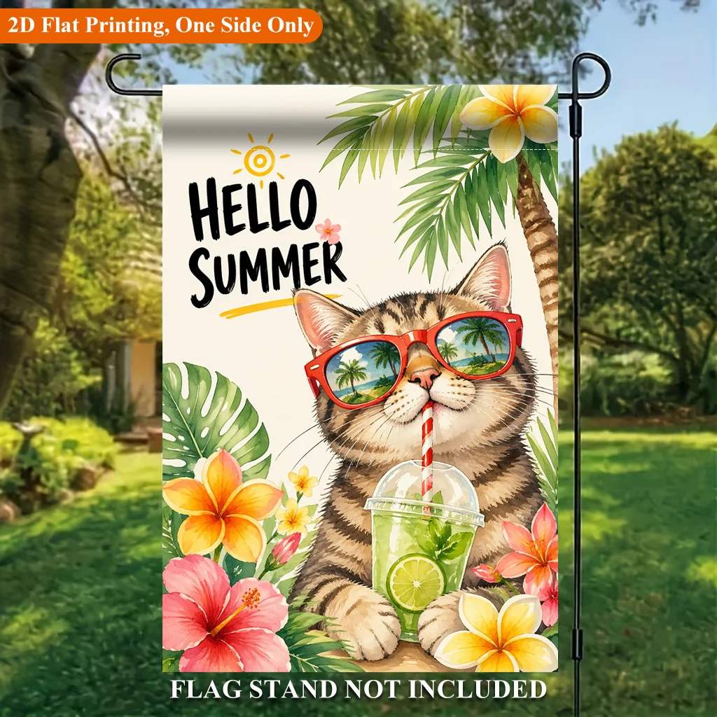 2D Flat Garden Flag 1 Piece, Summer Tropical Cat Drink Festive Garden Outdoor Flag, Suitable for Outdoor Home and Garden Festive Decoration, Valentine's Day, Mother's Day Christmas, Thanksgiving, Halloween, Flagpole Free (Flags Only)