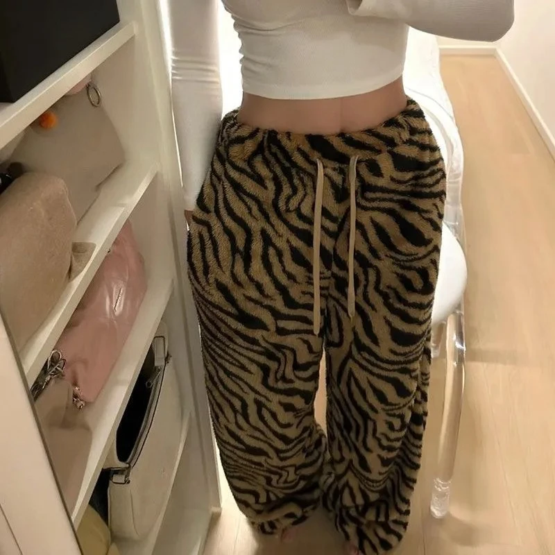 Samt hoch taillierte Hose mit weitem Bein für Damen, Leopardenmuster-Hose, faule Jogger, Damen-Freizeithose, Herbst und Winter, neue Streetwear