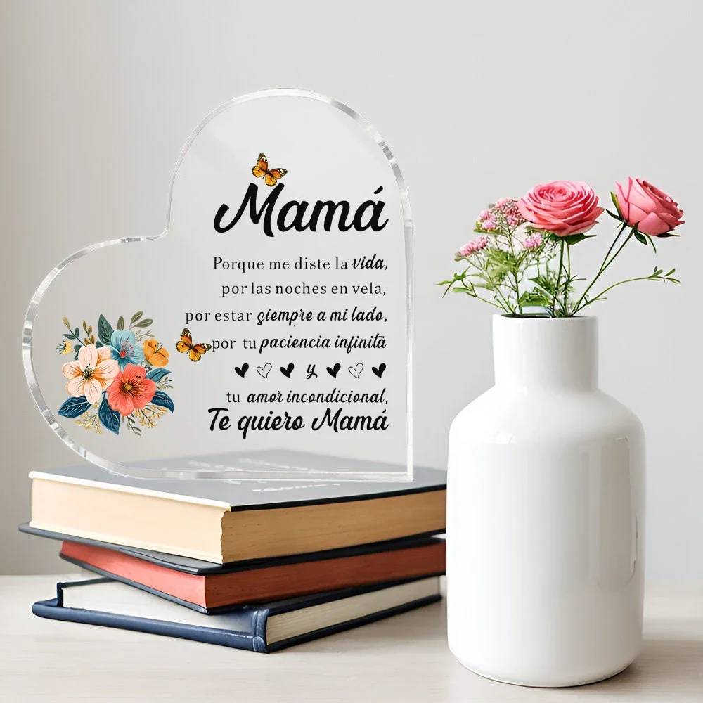 Heart Acrylic Plaque Mama Spanish Quote Floral Butterfly Design Gift For Mom Mother's Day Desk Decor