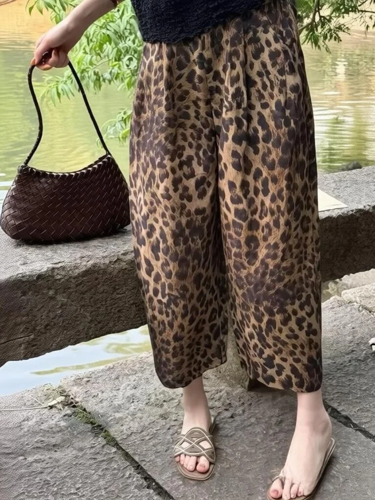 High Waist Wide Leg Casual Pants Women's plus Size Straight Cut Summer 2026 Leopard Print Design Slimming Eighteen Pants