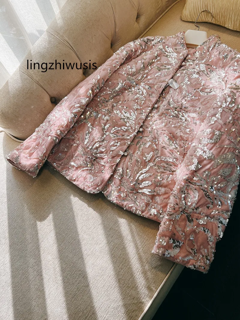 lingzhiwusis Padded Coat Chinese Style Stand Collar Pink Handmade Sequins Velvet Top Outerwear Top Quality New Arrive